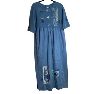 Anticipation Lagenlook Cotton Hand-Painted Wearable Art Ceramic Bttns Maxi Dress